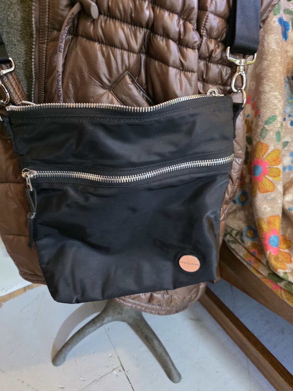 Black Crossbody Nylon Shoulder Bag with Front Zip Pocket
